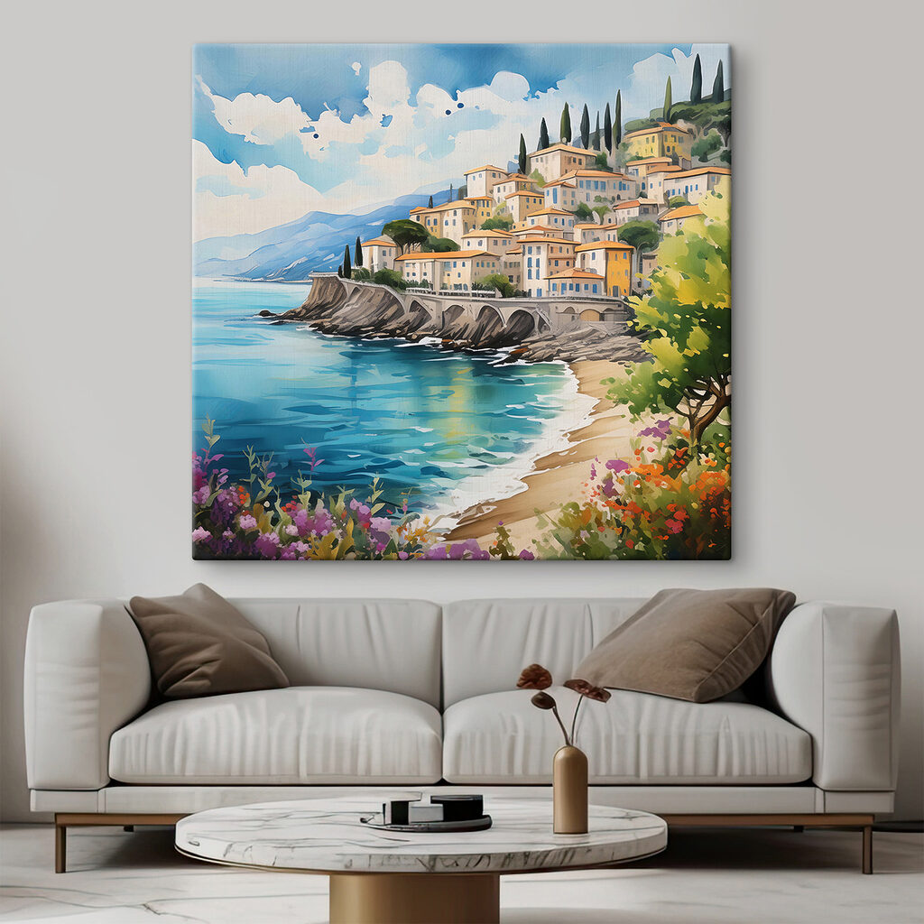 A painting of a town on a cliff by the water
