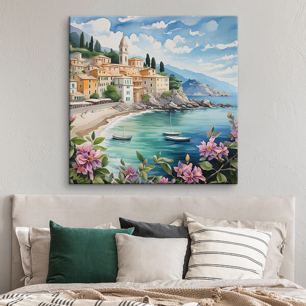 A painting of a town on a beach with boats and flowers