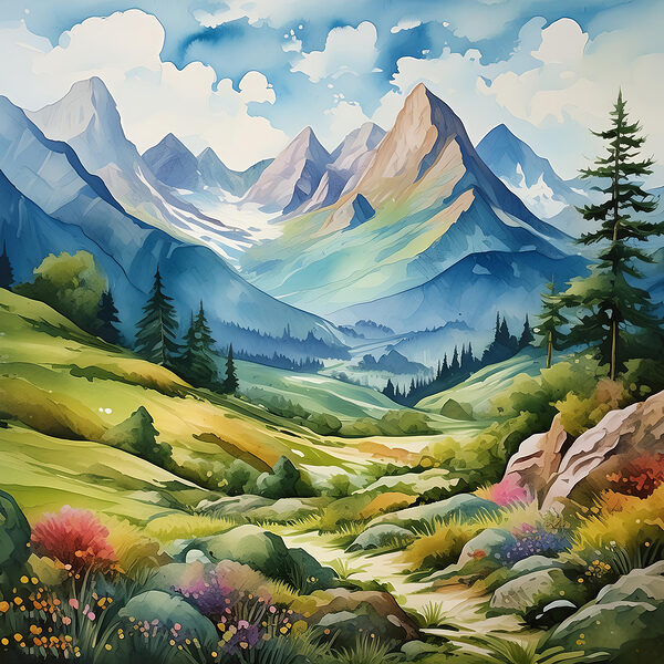 A painting of a landscape with mountains and trees