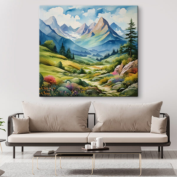 Quadri Quadri Un dipinto raffigurante un paesaggio con montagne e alberi (COD: s39302)