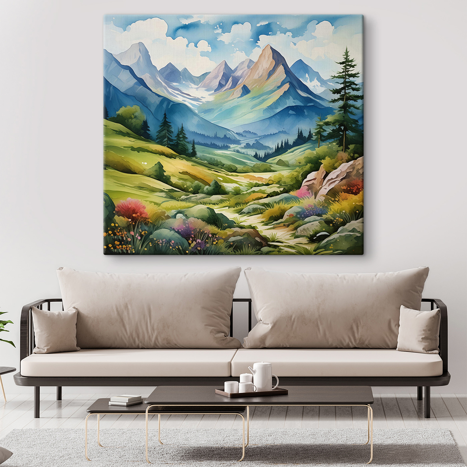A painting of a landscape with mountains and trees