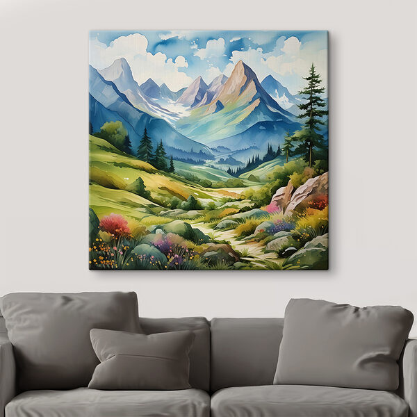 A painting of a landscape with mountains and trees