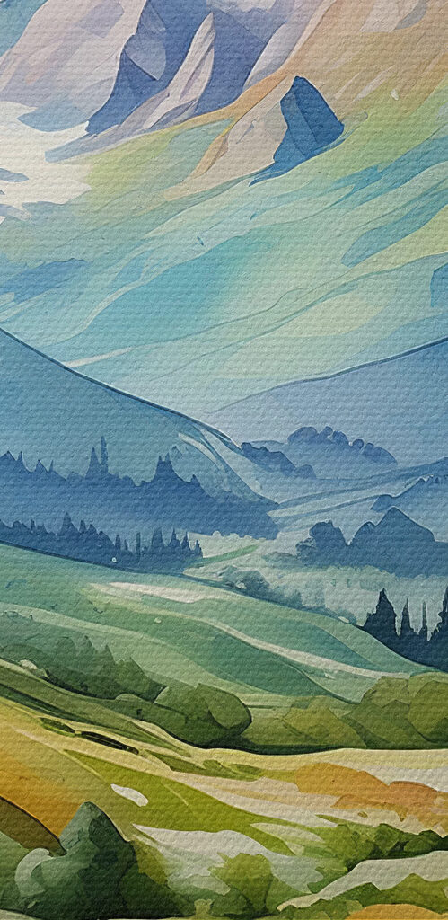 A painting of a landscape with mountains and trees