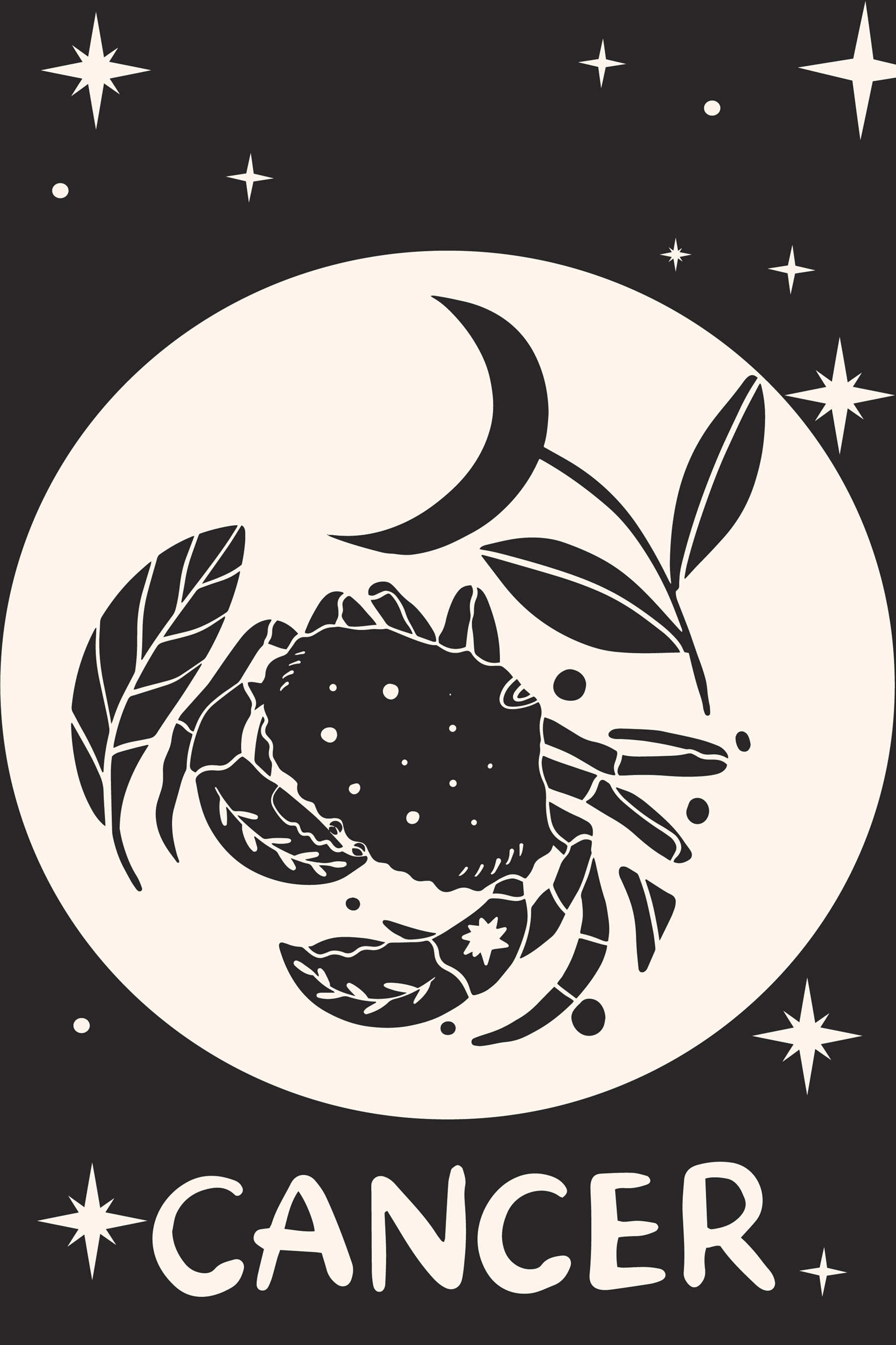 A black and white drawing of a crab and a plant