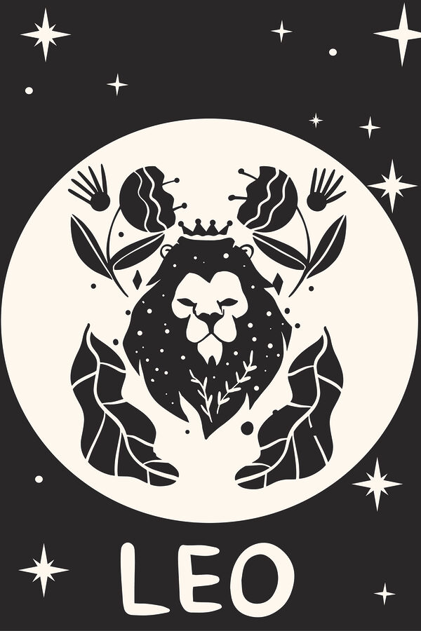 A black and white image of a lion with leaves and flowers A black and white image of a lion with leaves and flowers