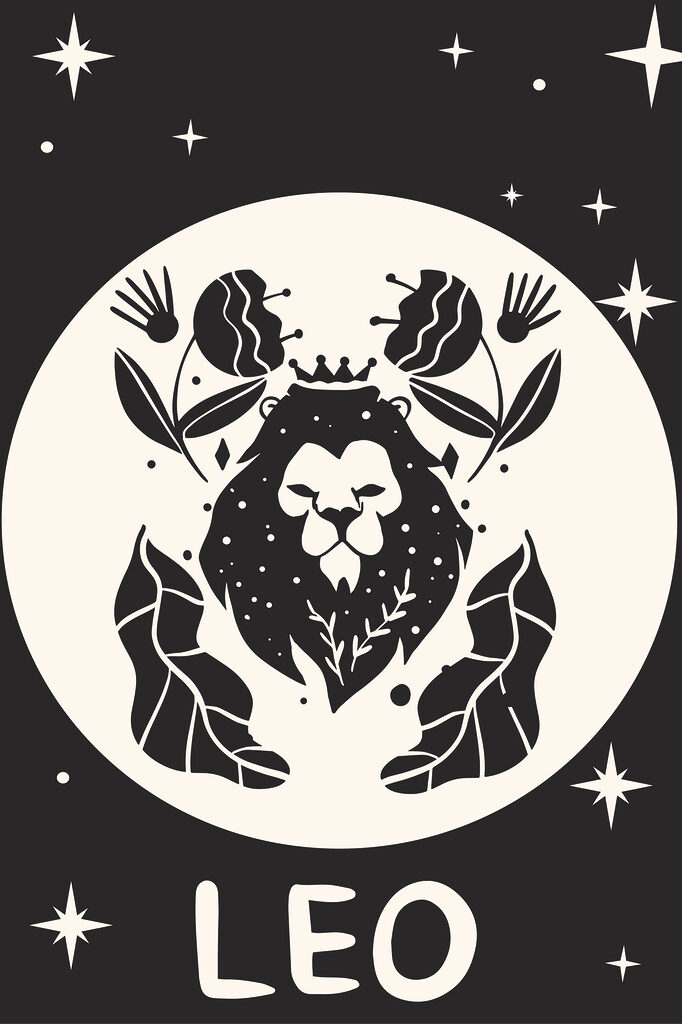 A black and white image of a lion with leaves and flowers A black and white image of a lion with leaves and flowers