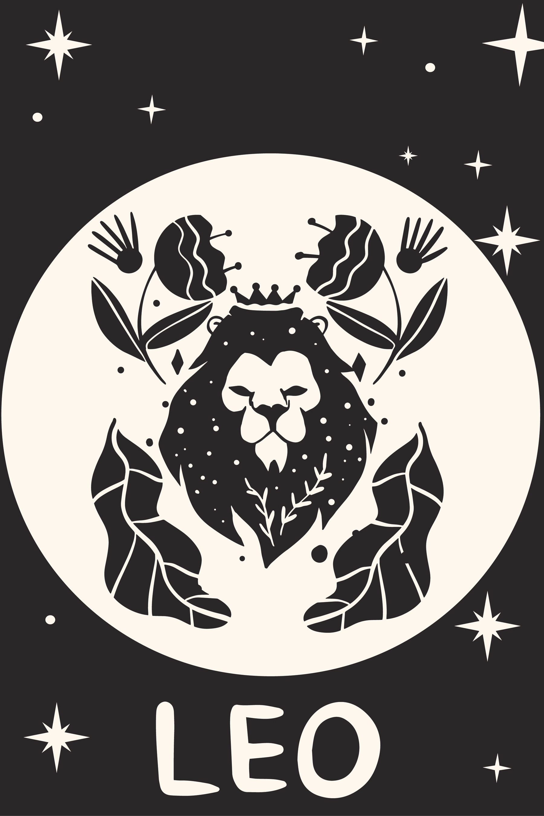 A black and white image of a lion with leaves and flowers A black and white image of a lion with leaves and flowers