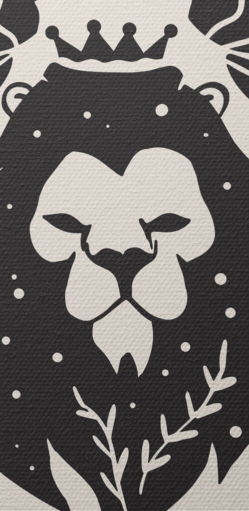 A black and white image of a lion with leaves and flowers A black and white image of a lion with leaves and flowers