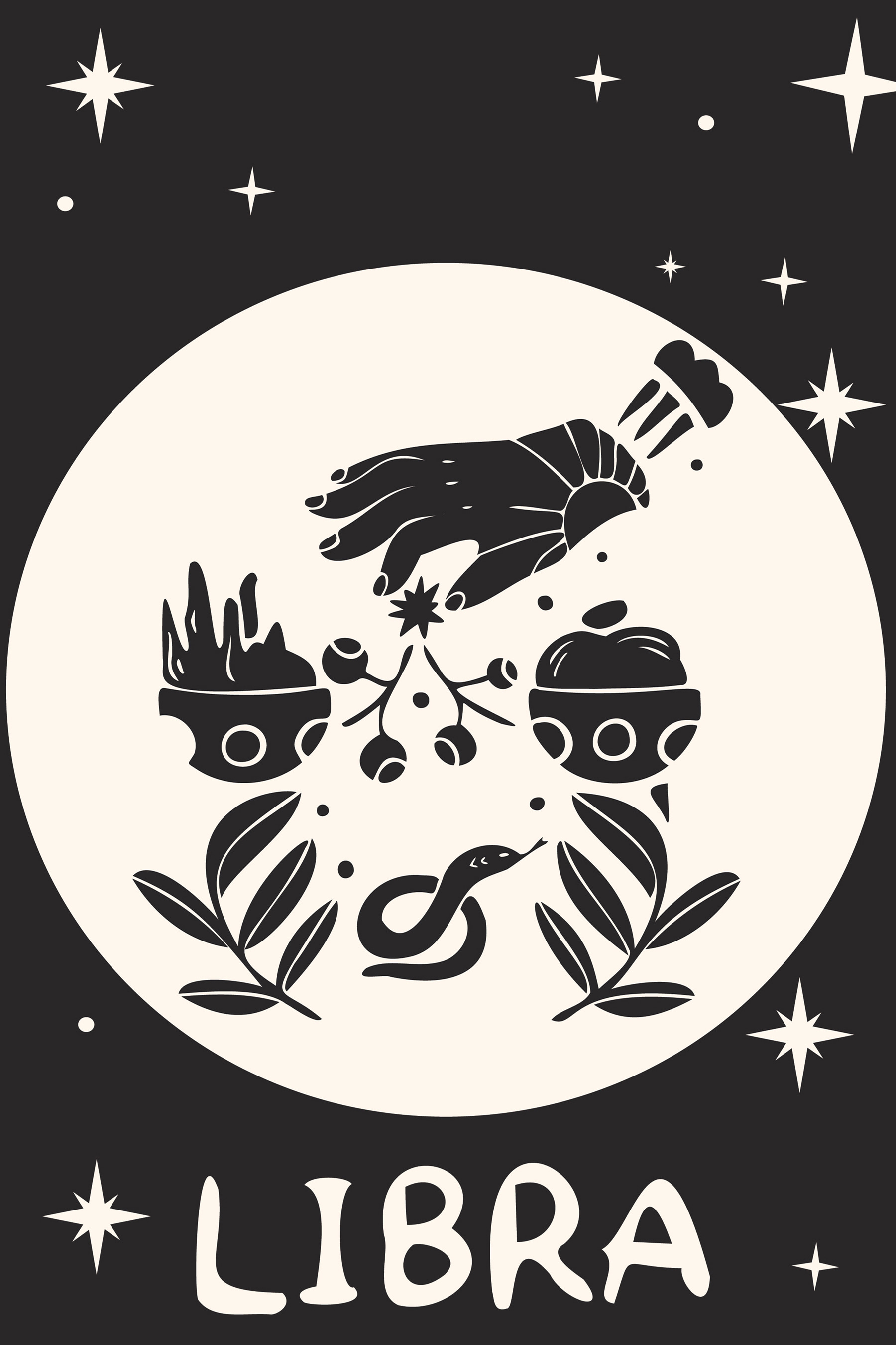 A black and white circle with a hand and objects on it A black and white circle with a hand and objects on it