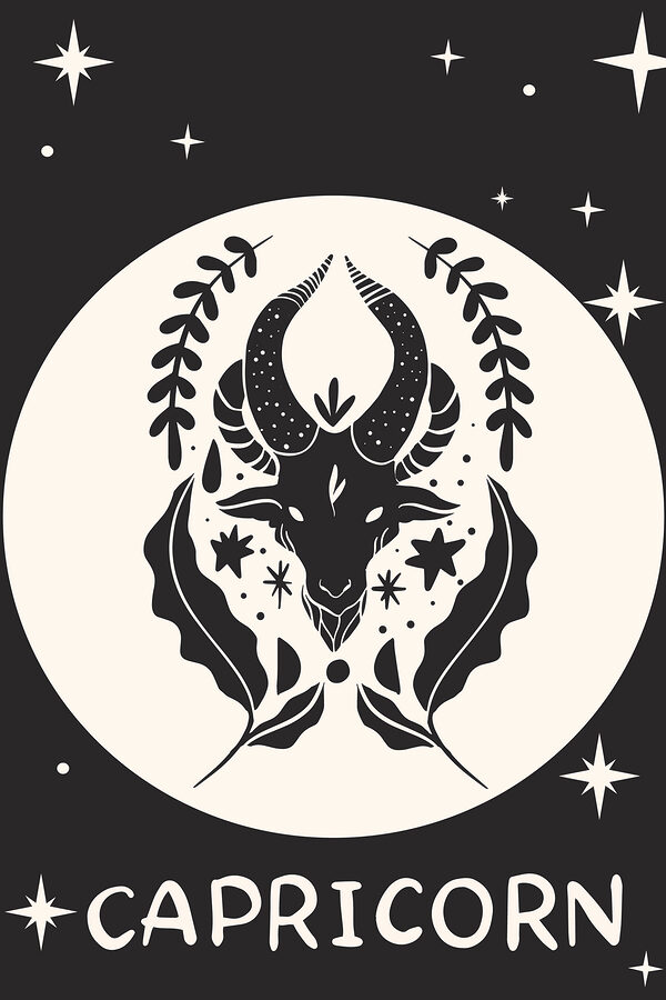 A black and white drawing of a goat with horns and leaves