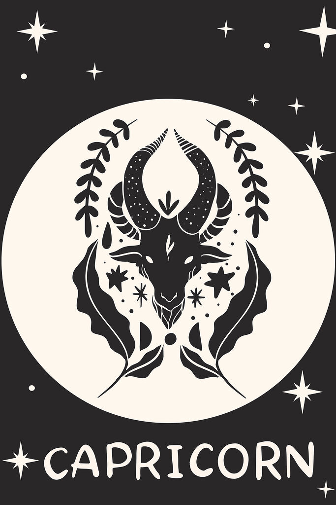 A black and white drawing of a goat with horns and leaves