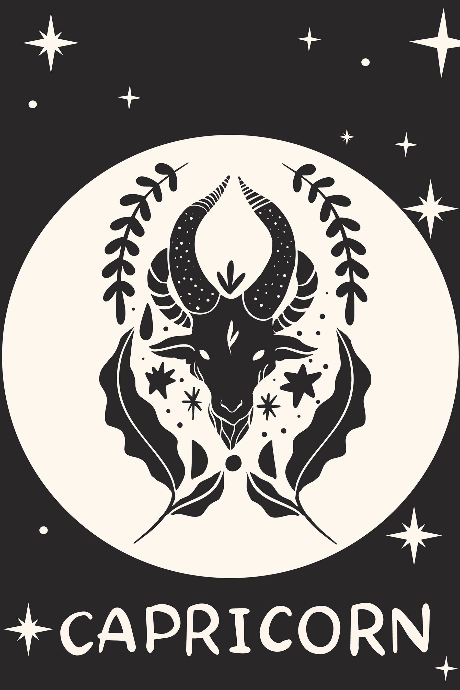 A black and white drawing of a goat with horns and leaves