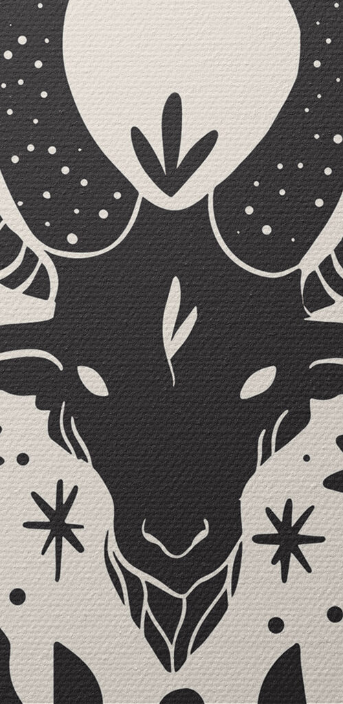 A black and white drawing of a goat with horns and leaves