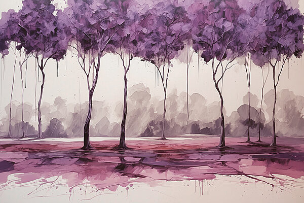 A painting of trees with purple leaves A painting of trees with purple leaves