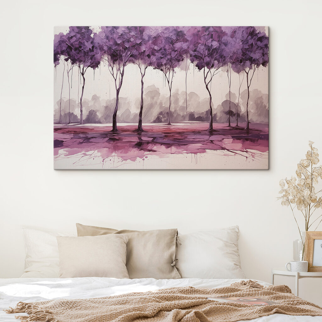 A painting of trees with purple leaves A painting of trees with purple leaves