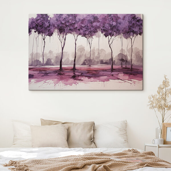 A painting of trees with purple leaves A painting of trees with purple leaves