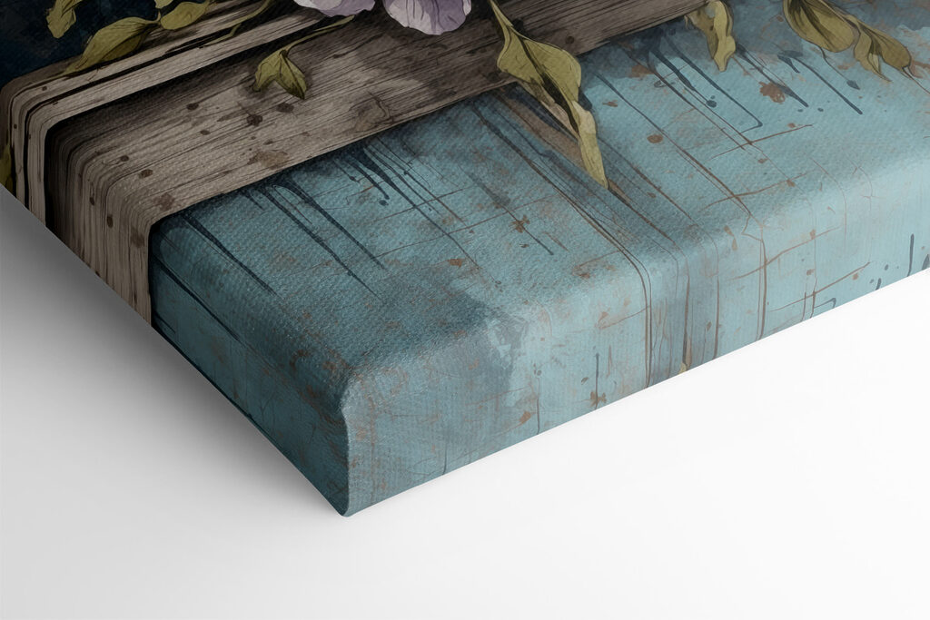 A painting of flowers on a wood ledge A painting of flowers on a wood ledge