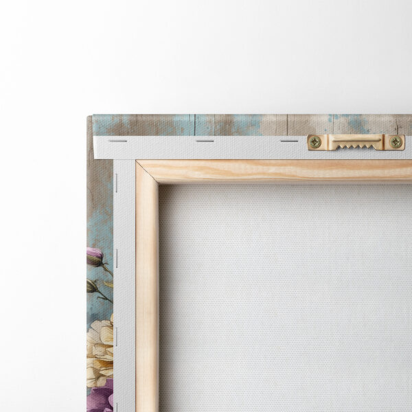 A painting of flowers on a wood ledge A painting of flowers on a wood ledge