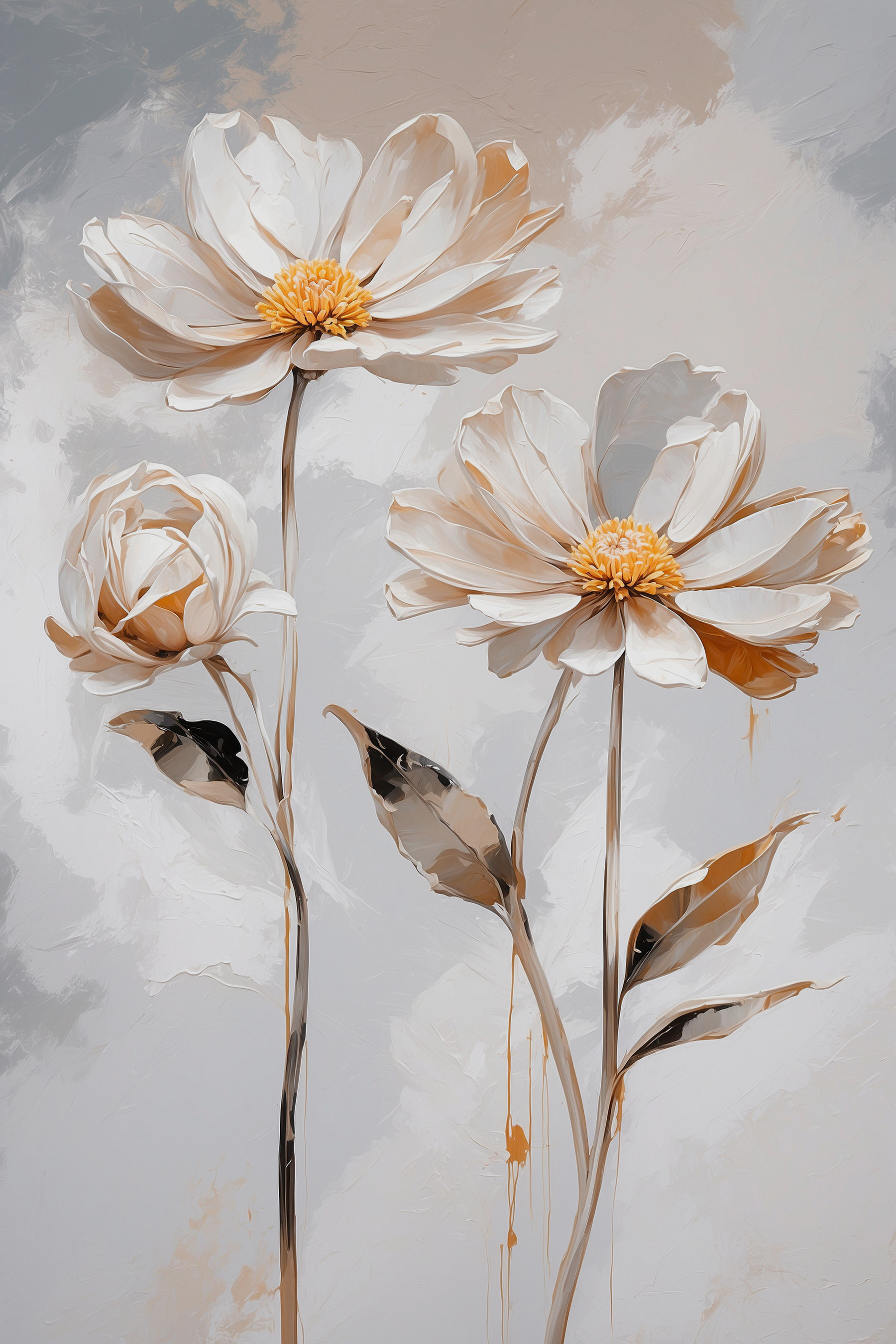 A group of white flowers with leaves