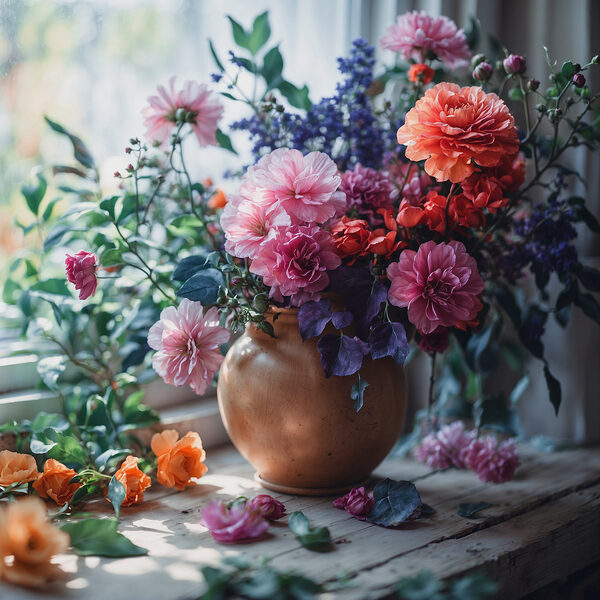 A vase of flowers on a window sill