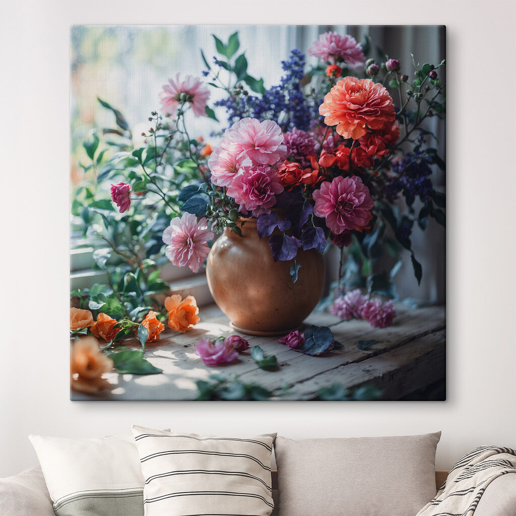 A vase of flowers on a window sill