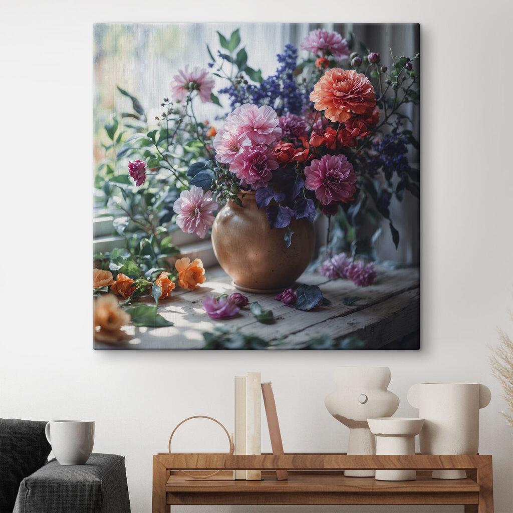 A vase of flowers on a window sill