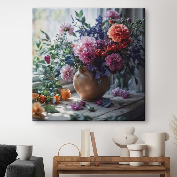 A vase of flowers on a window sill
