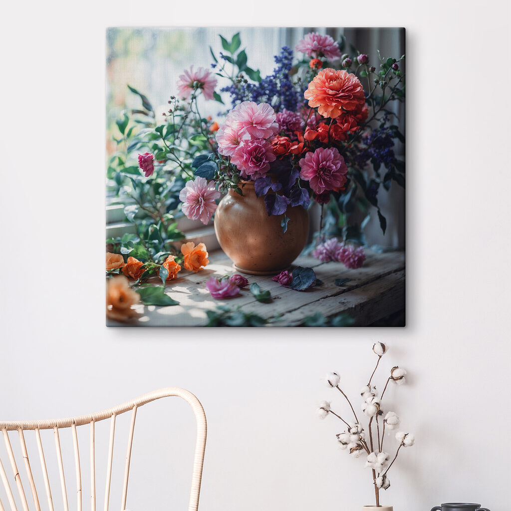 A vase of flowers on a window sill