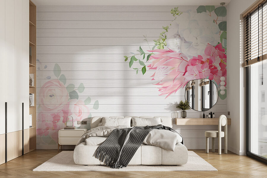 Fiori bianchi e rosa su sfondo bianco