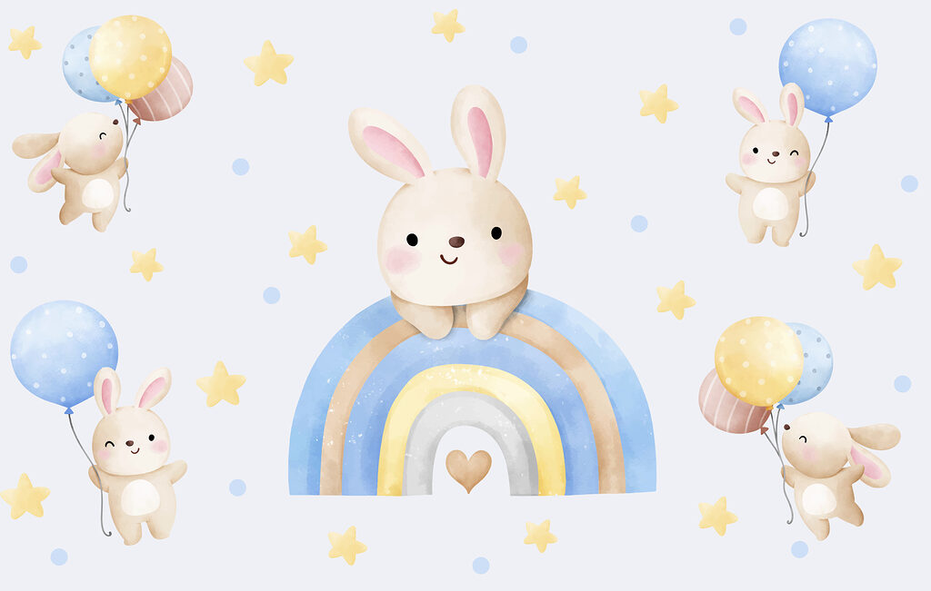 A cartoon bunny on a rainbow A cartoon bunny on a rainbow