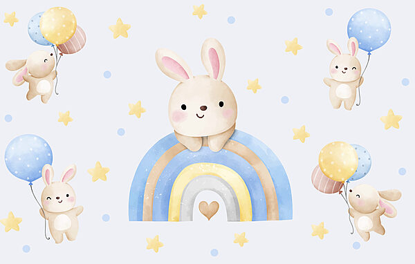 A cartoon bunny on a rainbow A cartoon bunny on a rainbow