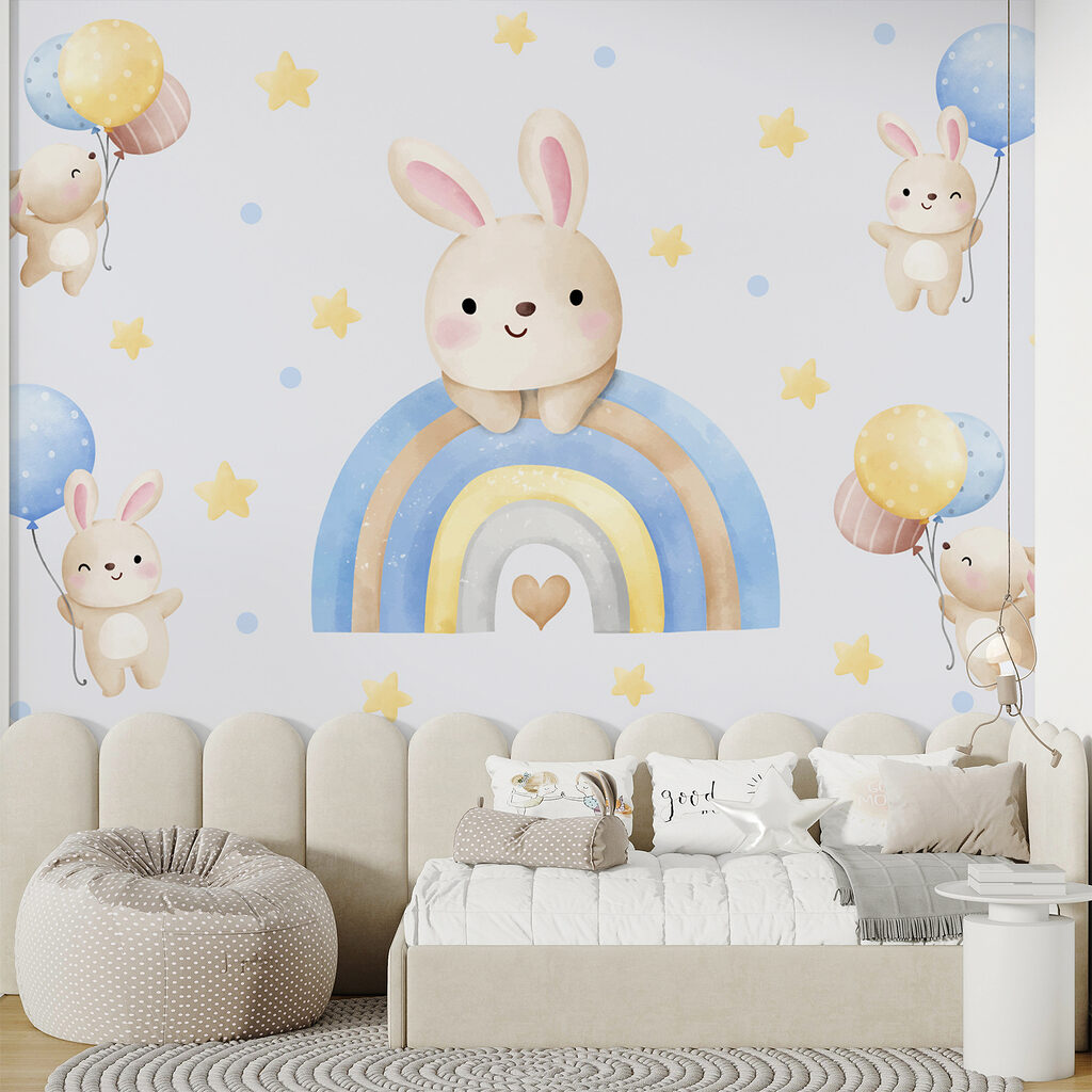 A cartoon bunny on a rainbow A cartoon bunny on a rainbow