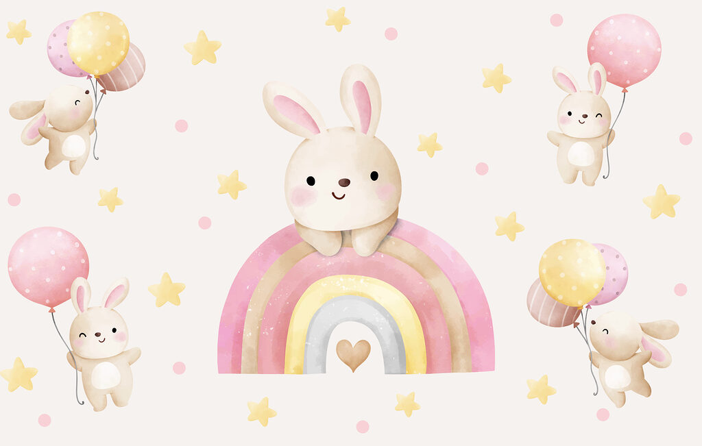 Un coniglietto dei cartoni animati su un arcobaleno Un coniglietto dei cartoni animati su un arcobaleno