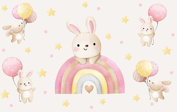 Un coniglietto dei cartoni animati su un arcobaleno Un coniglietto dei cartoni animati su un arcobaleno