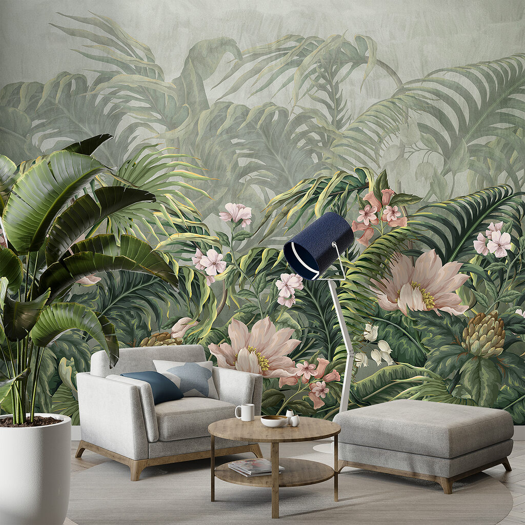 A wallpaper with flowers and leaves