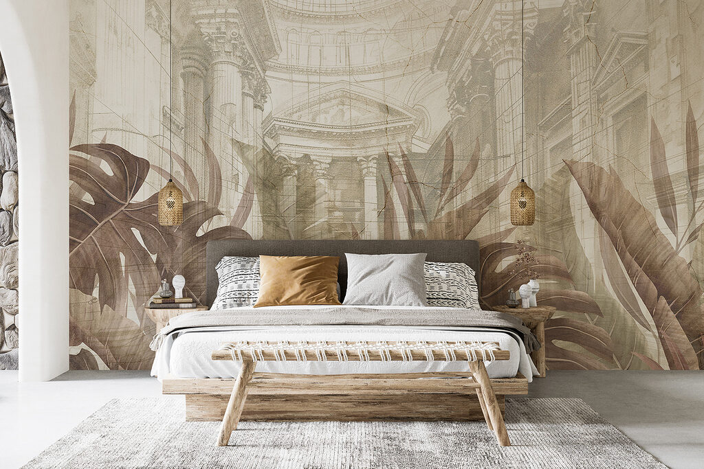 A painting of leaves and a building