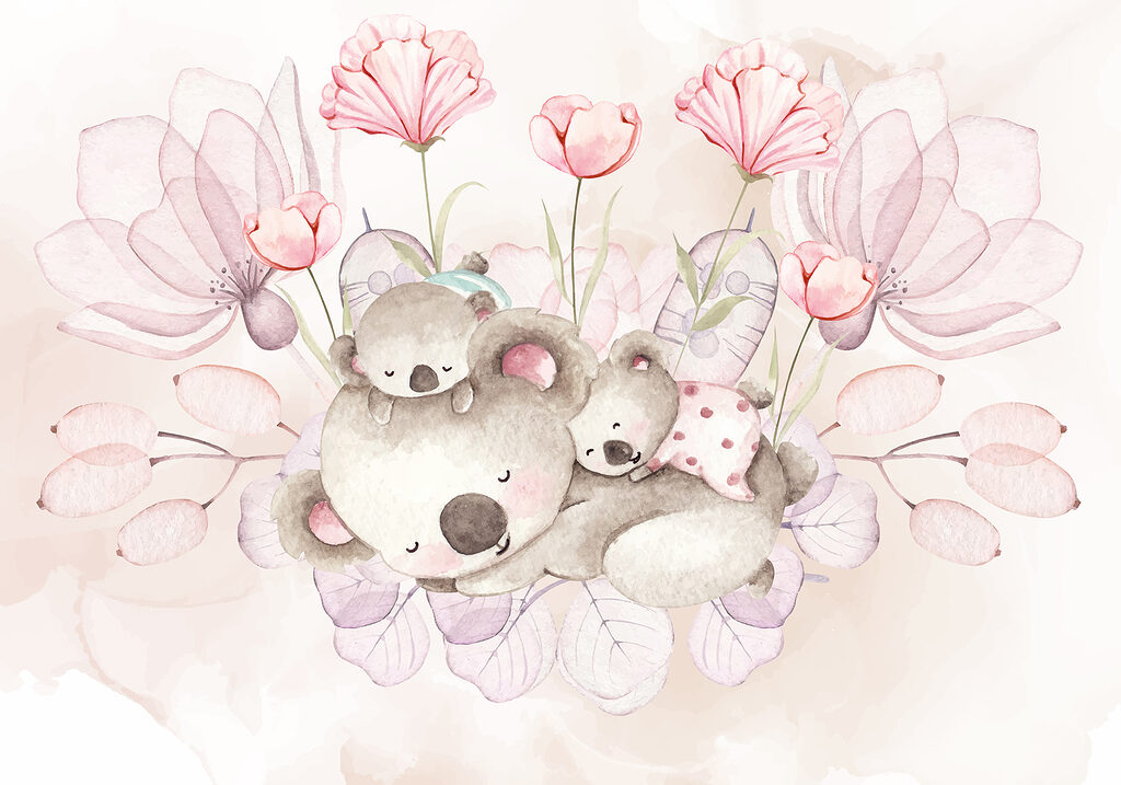 Illustrazione ad acquerello di una coppia di koala e di fiori Illustrazione ad acquerello di una coppia di koala e di fiori