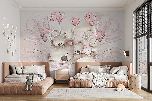 Illustrazione ad acquerello di una coppia di koala e di fiori Illustrazione ad acquerello di una coppia di koala e di fiori