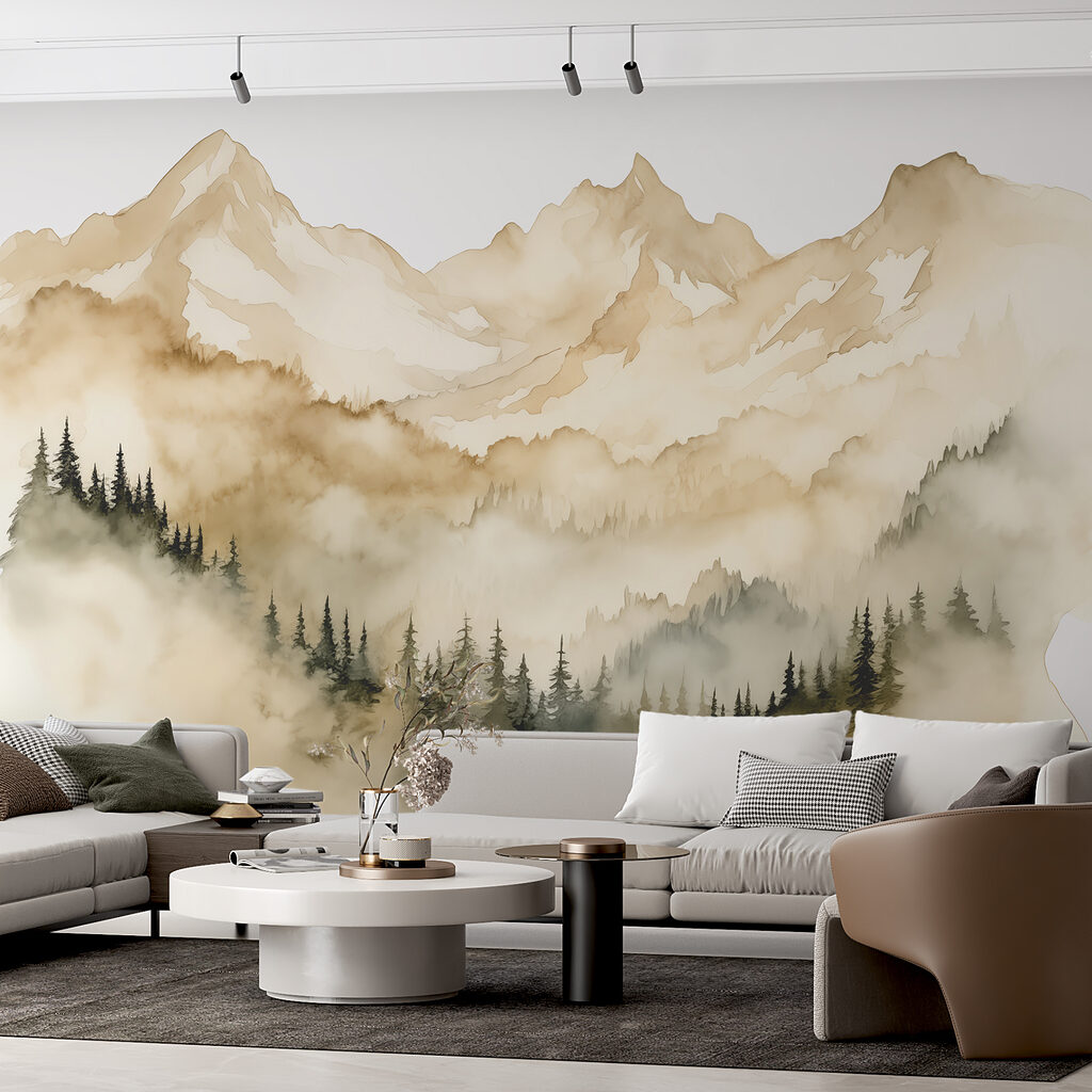 A mountain range with trees and clouds