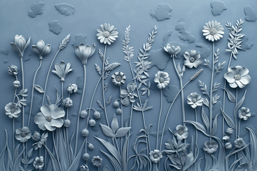 Un muro grigio con fiori e foglie Un muro grigio con fiori e foglie