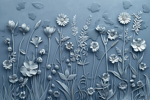 Un muro grigio con fiori e foglie Un muro grigio con fiori e foglie