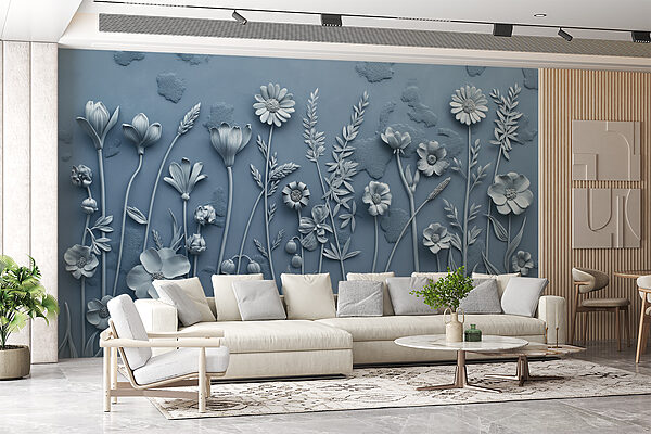 Un muro grigio con fiori e foglie Un muro grigio con fiori e foglie