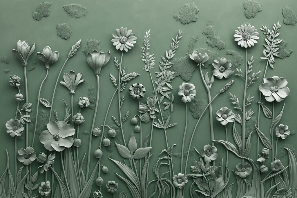 Una scultura grigia di fiori e piante Una scultura grigia di fiori e piante
