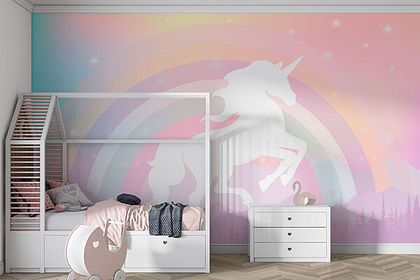 Un unicorno con arcobaleno e montagne Un unicorno con arcobaleno e montagne