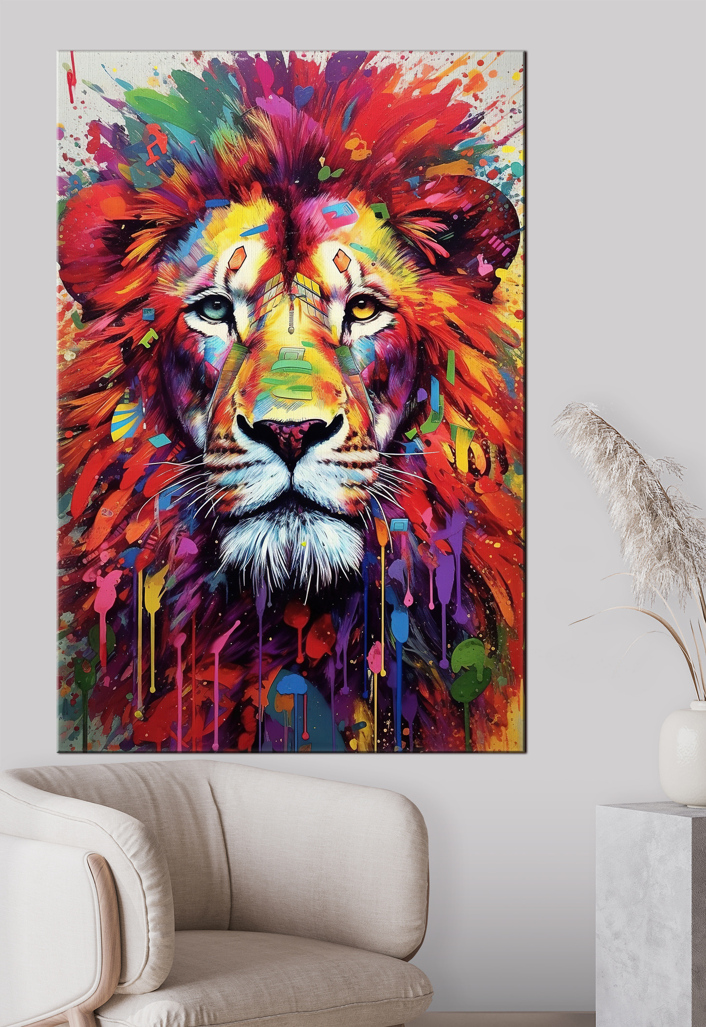 A colorful lion with white whiskers A colorful lion with white whiskers