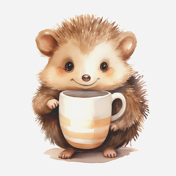A watercolor of a hedgehog holding a cup