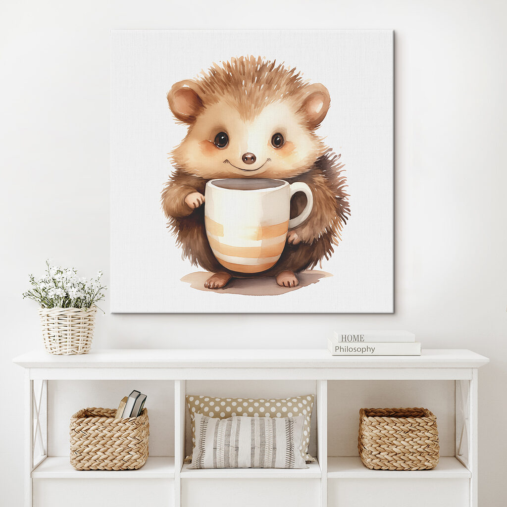 A watercolor of a hedgehog holding a cup