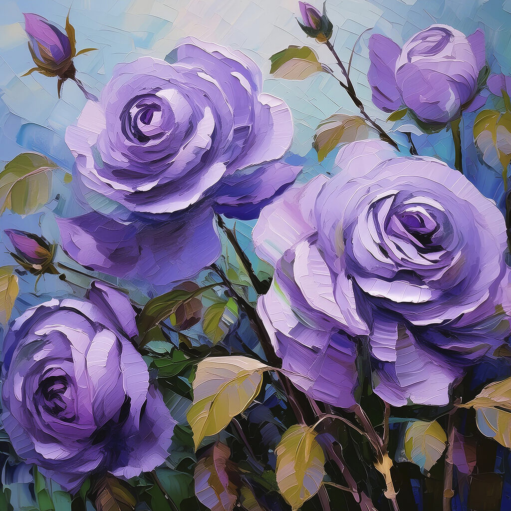A painting of purple roses