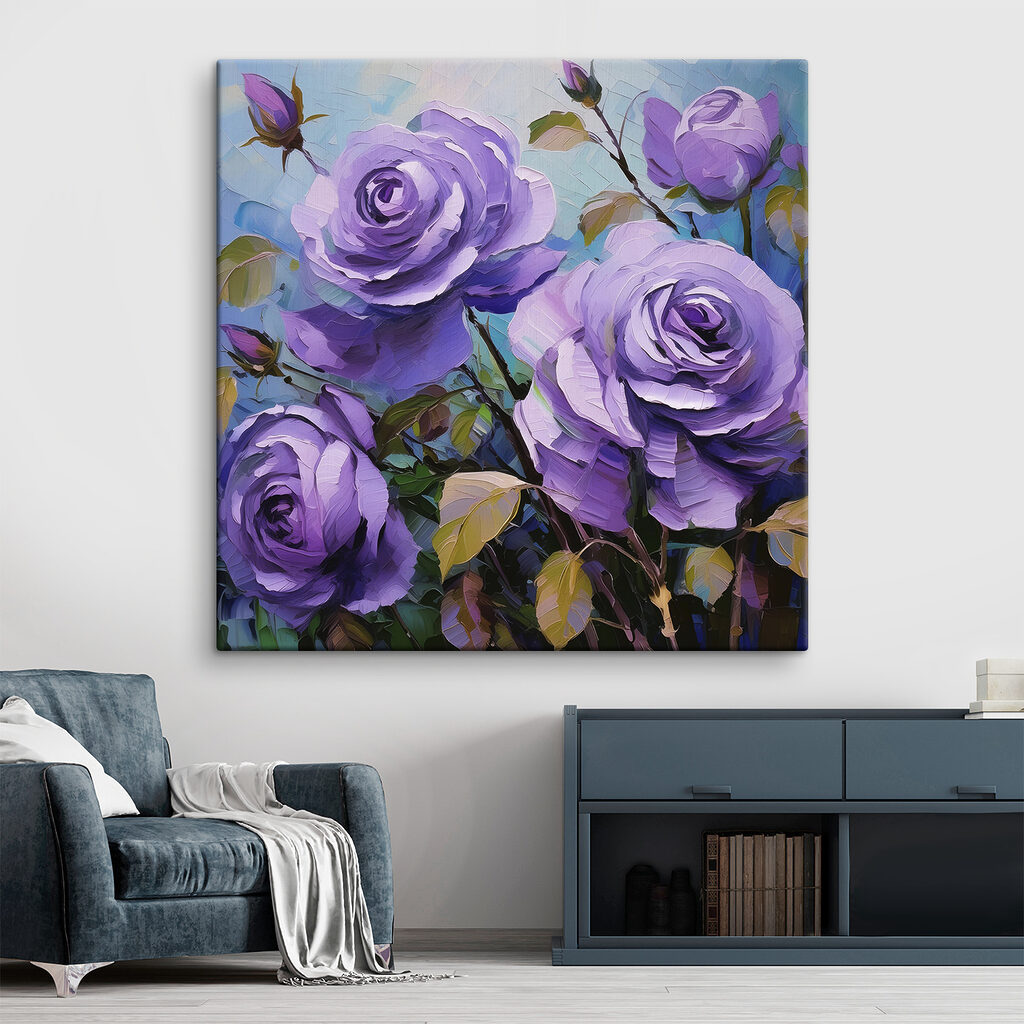 A painting of purple roses