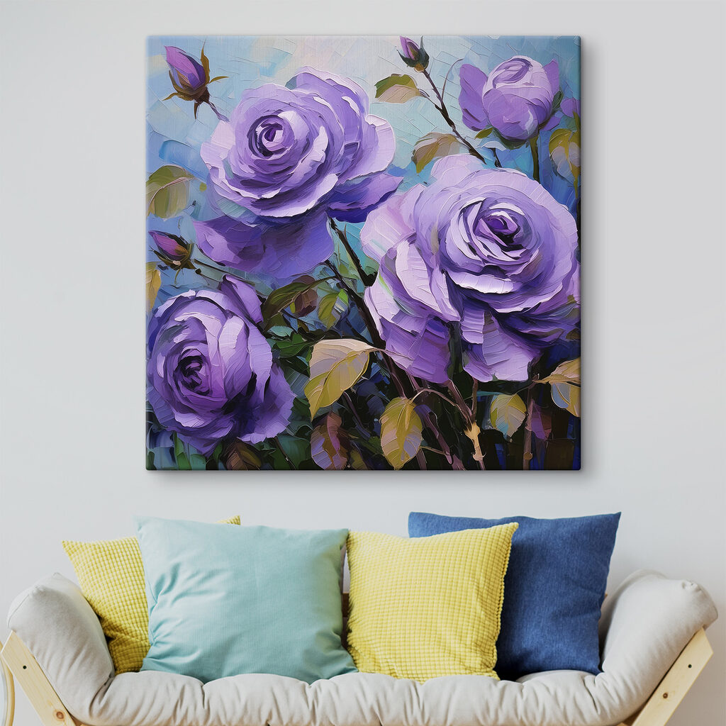 A painting of purple roses